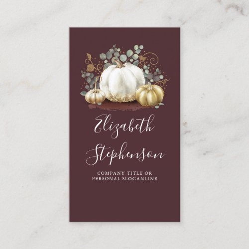 White and Gold Pumpkins Fall Harvest Burgundy Red Business Card