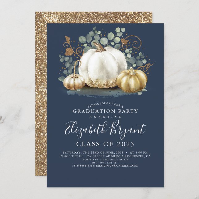 White and Gold Pumpkins Fall Harvest Graduation In Invitation (Front/Back)