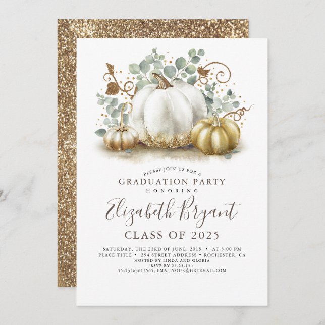 White and Gold Pumpkins Fall Harvest Graduation Invitation (Front/Back)