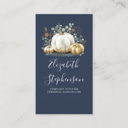 White and Gold Pumpkins Fall Harvest Navy Blue Business Card