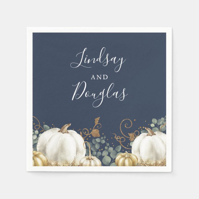 White and Gold Pumpkins Fall Harvest Wedding Napki Napkins (Front)