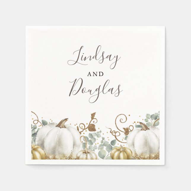 White and Gold Pumpkins Fall Harvest Wedding Napkins (Front)