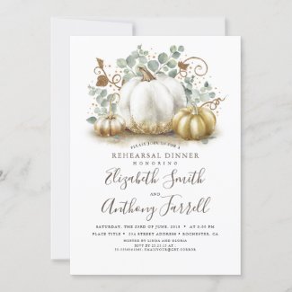 White and Gold Pumpkins Fall Rehearsal Dinner Invitation