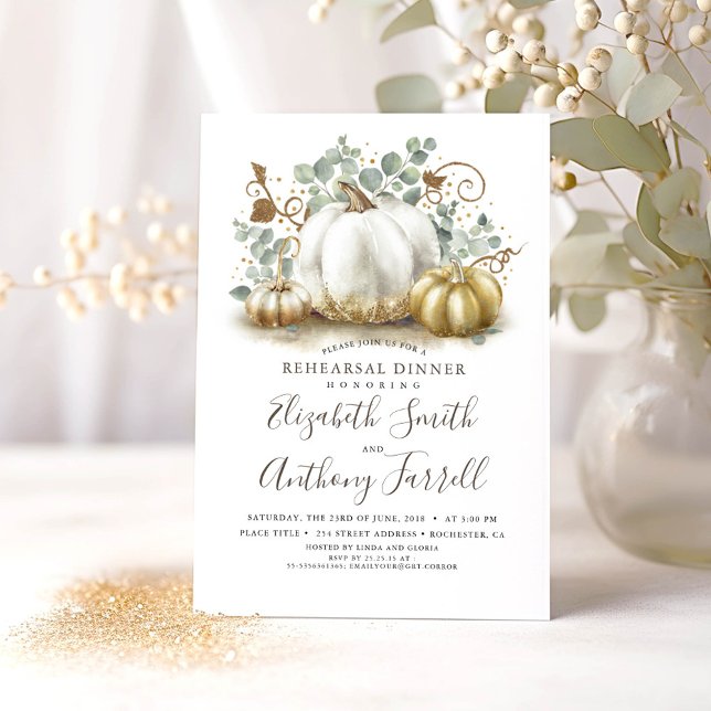 White and Gold Pumpkins Fall Rehearsal Dinner Invitation (Rehearsal Dinner with Gold Pumpkins and Eucalyptus Invitations)