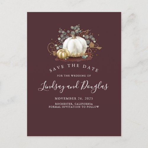 White and Gold Pumpkins Fall Save the Date Announcement Postcard