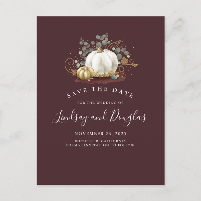 White and Gold Pumpkins Fall Save the Date Announcement Postcard (Front)