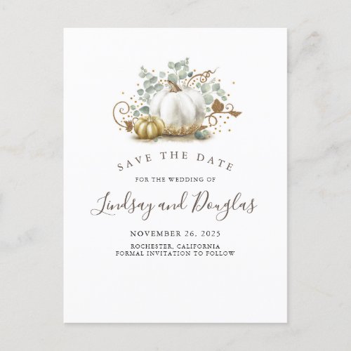 White and Gold Pumpkins Fall Save the Date Announcement Postcard