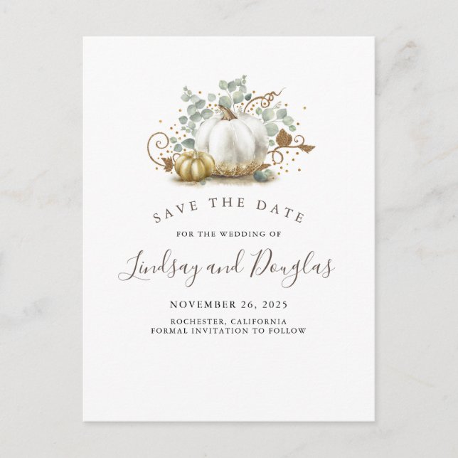White and Gold Pumpkins Fall Save the Date Announcement Postcard (Front)