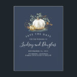 White and Gold Pumpkins Fall Save the Date Announcement Postcard<br><div class="desc">White and gold pumpkins fall navy blue save the date postcards</div>