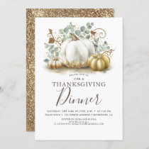 White and Gold Pumpkins Fall Thanksgiving Dinner Invitation