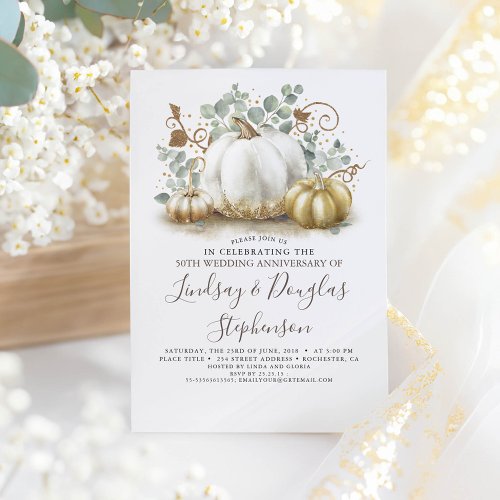 White and Gold Pumpkins Fall Wedding Anniversary Invitation