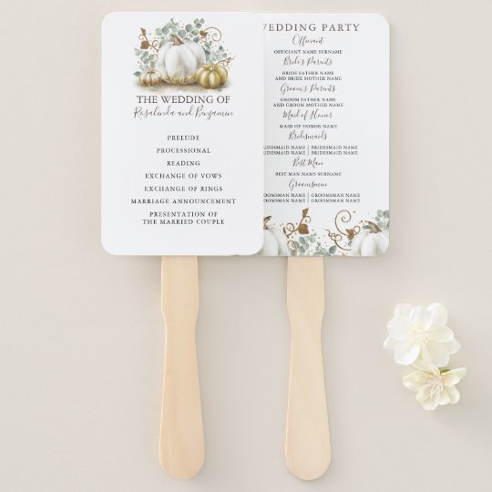 White And Gold Pumpkins Fall Wedding Program Hand Fan Zazzle Com