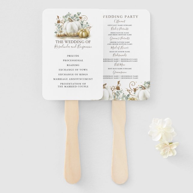 White and Gold Pumpkins Fall Wedding Program Hand Fan (Front and Back)