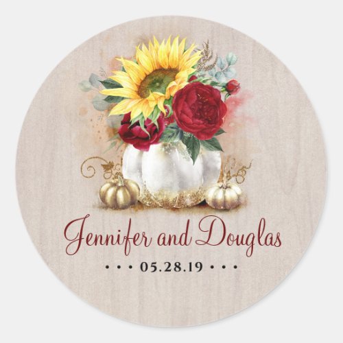 White and Gold Pumpkins Sunflowers Burgundy Fall Classic Round Sticker