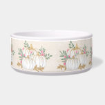 White and Gold Pumpkins Watercolor<br><div class="desc">A pet bowl with fancy watercolor white pumpkins with accents of faux gold glitter. Surrounded by green leaves and pink wild flowers.</div>
