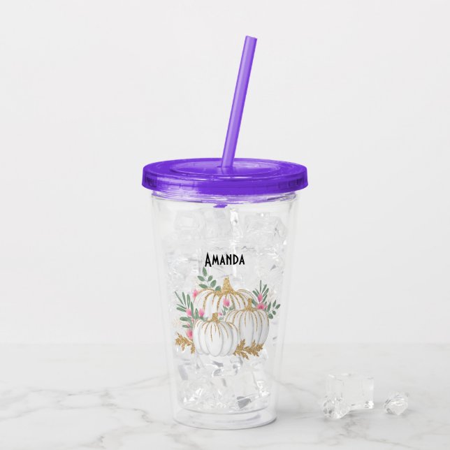 White and Gold Pumpkins Watercolor Acrylic Tumbler (Back Ice)