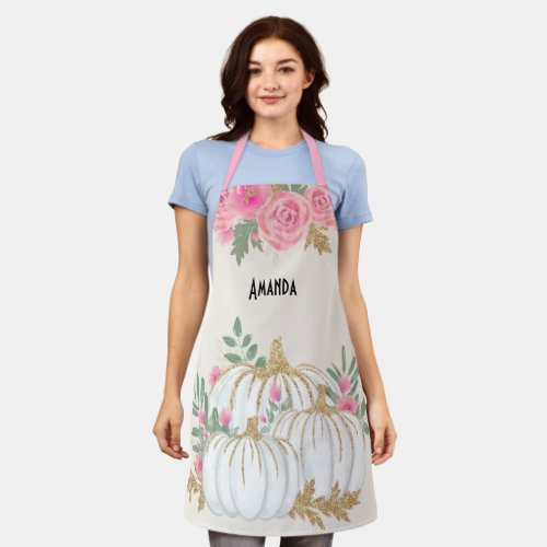 White and Gold Pumpkins Watercolor Apron