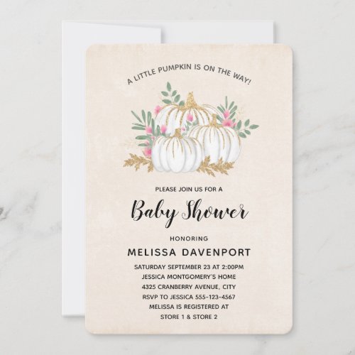 White and Gold Pumpkins Watercolor Baby Shower Invitation