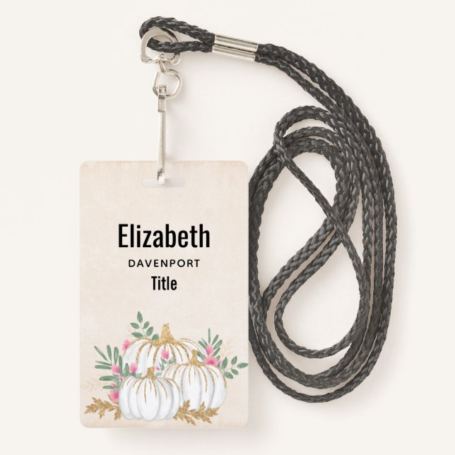  White and Gold Pumpkins Watercolor Badge (Front with Lanyard)
