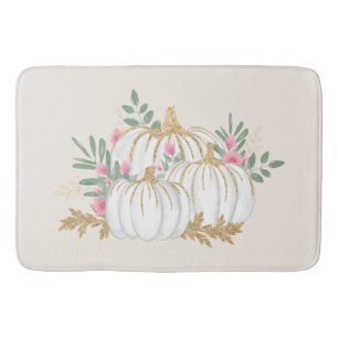 White and Gold Pumpkins Watercolor Bath Mat