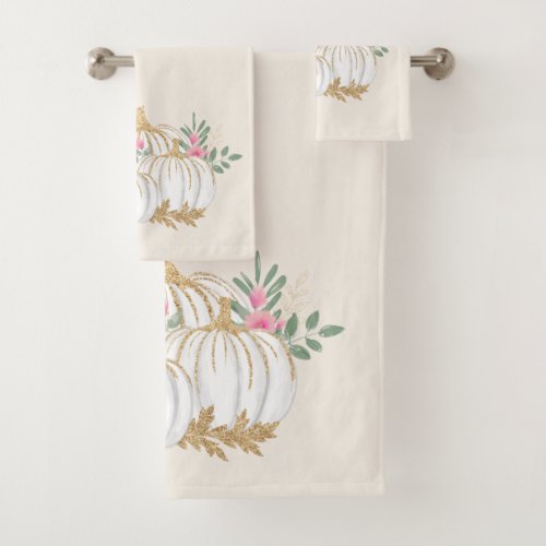 White and Gold Pumpkins Watercolor Bath Towel Set