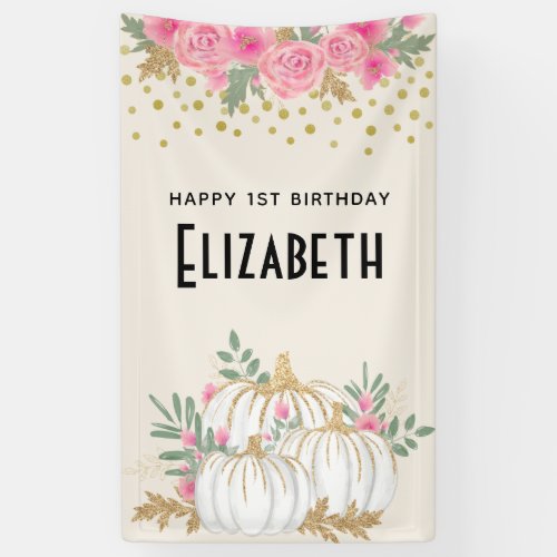 White and Gold Pumpkins Watercolor Birthday Banner