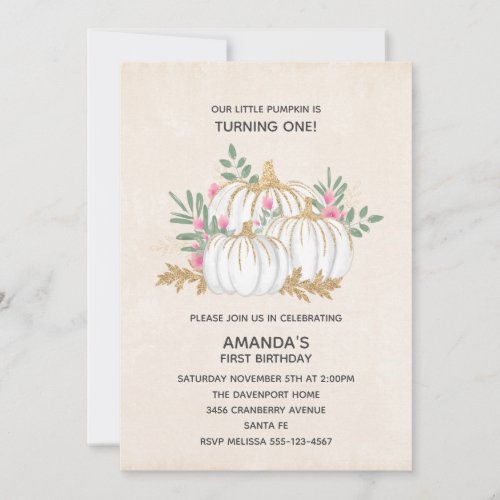 White and Gold Pumpkins Watercolor Birthday Invitation