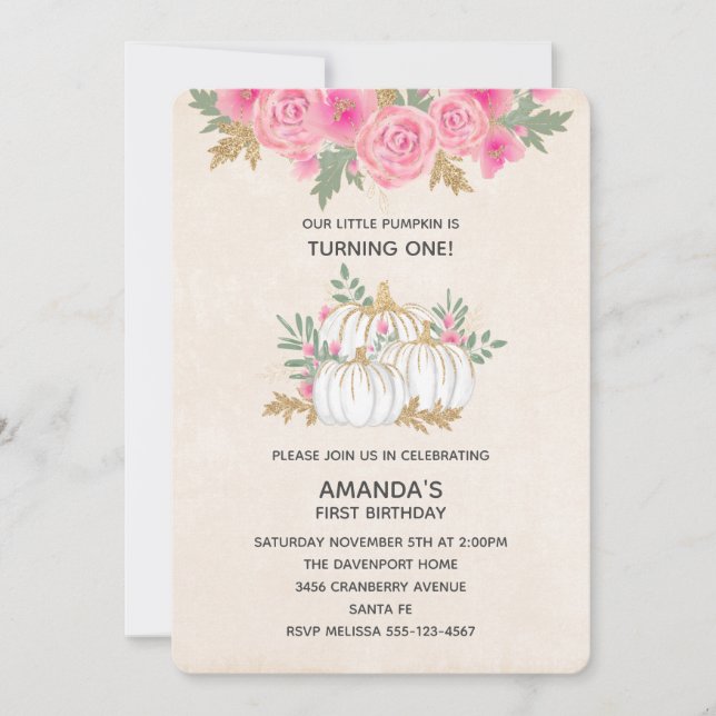 White and Gold Pumpkins Watercolor Birthday Invitation (Front)