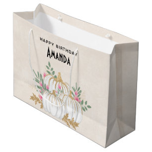 White and Gold Pumpkins Watercolor Birthday Large Gift Bag