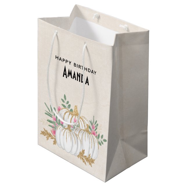  White and Gold Pumpkins Watercolor Birthday Medium Gift Bag (Front Angled)