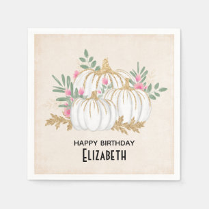 White and Gold Pumpkins Watercolor Birthday Napkins