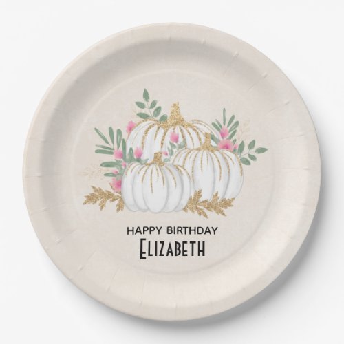 White and Gold Pumpkins Watercolor Birthday Paper Plates