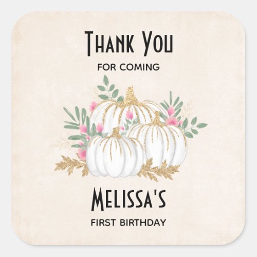 White and Gold Pumpkins Watercolor Birthday Thanks Square Sticker