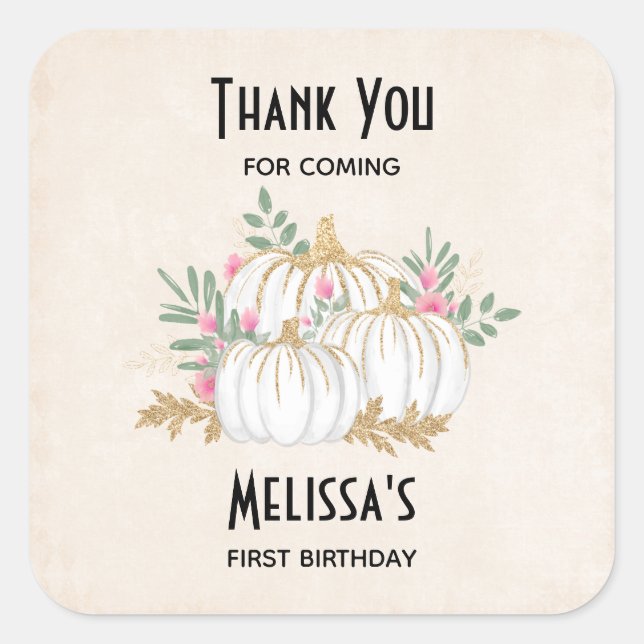 White and Gold Pumpkins Watercolor Birthday Thanks Square Sticker (Front)