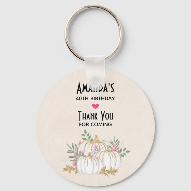 White and Gold Pumpkins Watercolor Birtyhday Favor Keychain (Front)