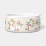 White and Gold Pumpkins Watercolor Bowl<br><div class="desc">A pet bowl with fancy watercolor white pumpkins with accents of faux gold glitter. Surrounded by green leaves and pink wild flowers.</div>