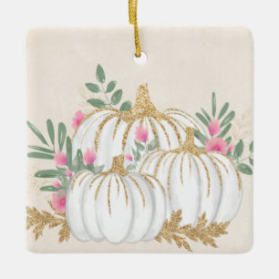 White and Gold Pumpkins Watercolor Ceramic Ornament