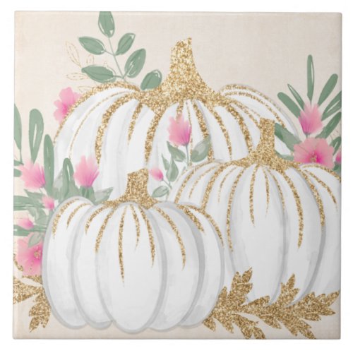 White and Gold Pumpkins Watercolor Ceramic Tile