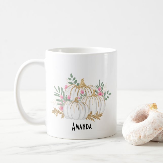 White and Gold Pumpkins Watercolor Coffee Mug (With Donut)