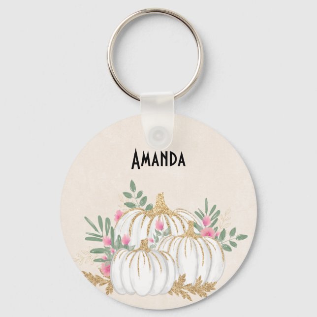 White and Gold Pumpkins Watercolor Keychain (Front)