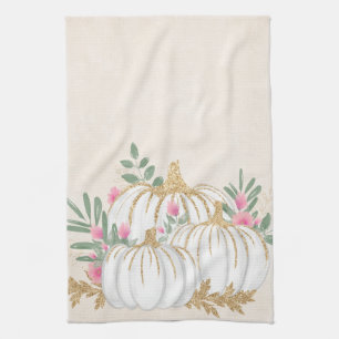 White and Gold Pumpkins Watercolor Kitchen Towel