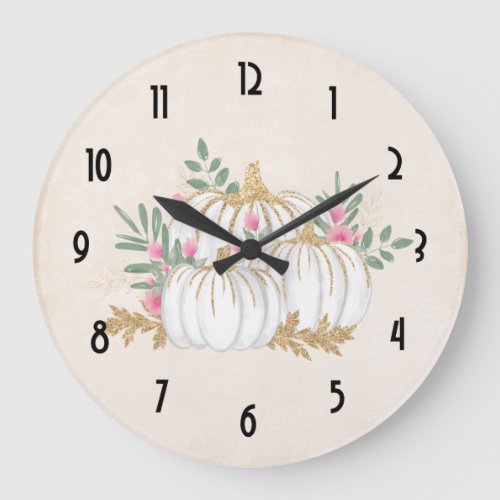 White and Gold Pumpkins Watercolor Large Clock