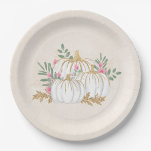 White and Gold Pumpkins Watercolor Paper Plates