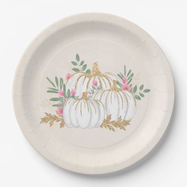  White and Gold Pumpkins Watercolor Paper Plates (Front)