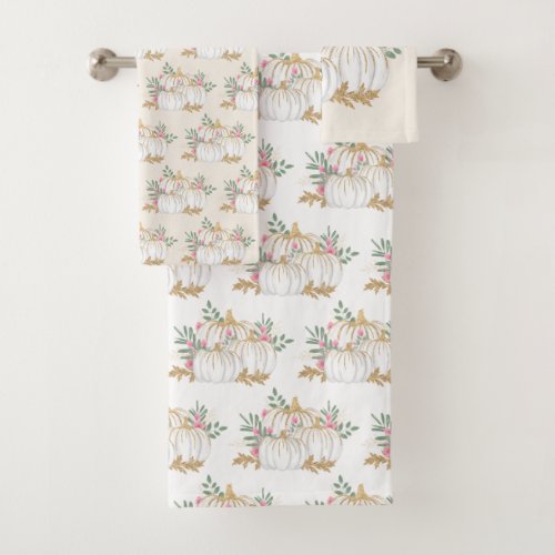 White and Gold Pumpkins Watercolor Pattern Bath Towel Set