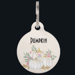 White and Gold Pumpkins Watercolor Pet ID Tag<br><div class="desc">Personalized pet tag with fancy watercolor white pumpkins with accents of faux gold glitter. Surrounded by green leaves and pink wild flowers.</div>