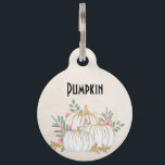 White and Gold Pumpkins Watercolor Pet ID Tag<br><div class="desc">Personalized pet tag with fancy watercolor white pumpkins with accents of faux gold glitter. Surrounded by green leaves and pink wild flowers.</div>