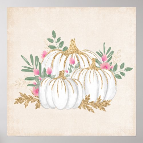 White and Gold Pumpkins Watercolor Poster