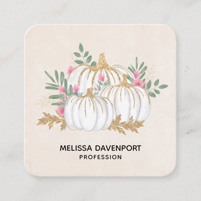 White and Gold Pumpkins Watercolor Square Business Card (Front)