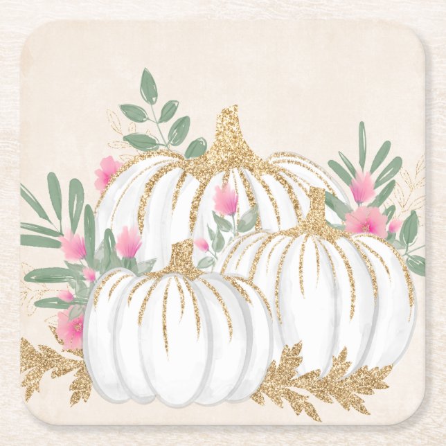 White and Gold Pumpkins Watercolor Square Paper Coaster (Front)